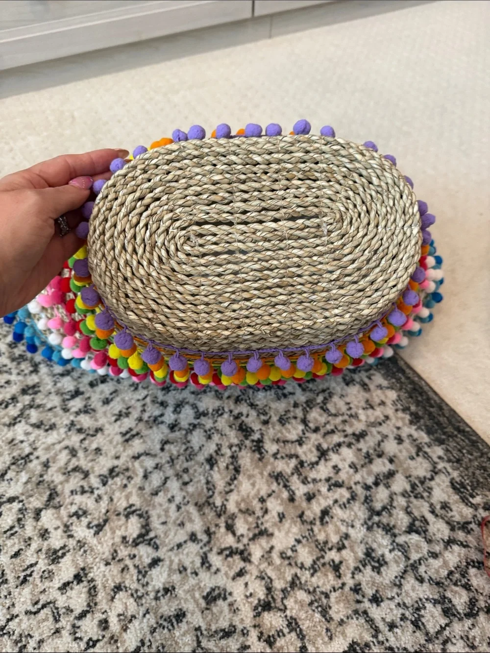 Mystique Straw Tote with Natural Weave and Rainbow Pom Pom Trim